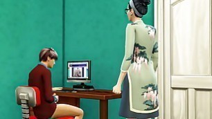 Mom catches her son again masturbating in his room watching a porn movie in front of the computer and she decided to help him by having sex with him - Asian mom and son