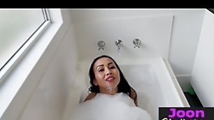 Asian teen masturbated during hot bath and she showed stunning big tits