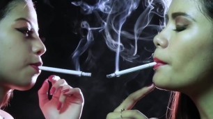 Asian Teens Smoking Mums Cigarettes in Shiny Leggings