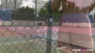 Sweet teen fucked by two guys on tennis court